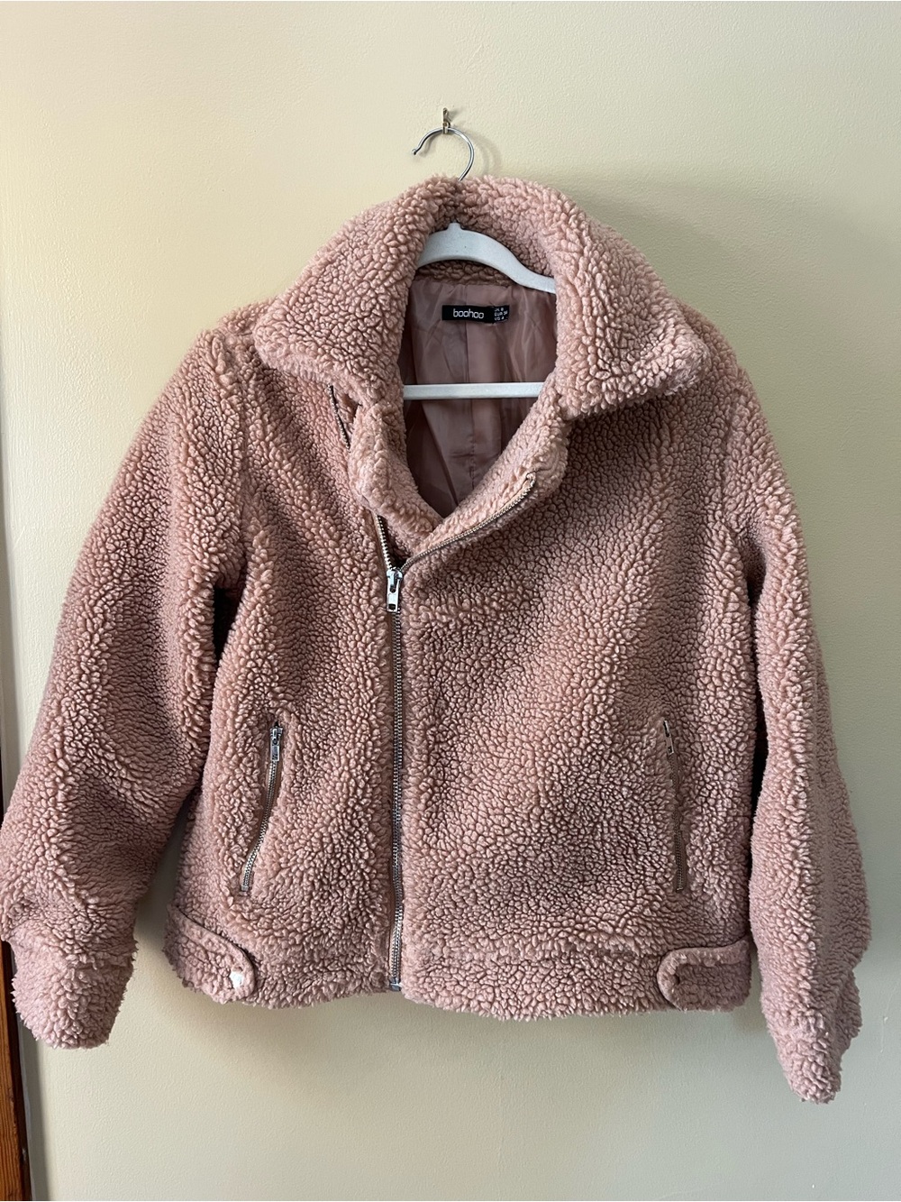 Boohoo Dusty Rose Teddy Sherpa Biker Jacket